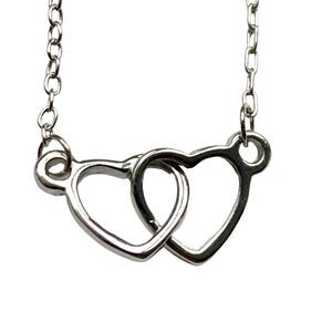 Elegant Double Interlocking Hearts Love Necklace in Silver with Gift Pouch, NEW